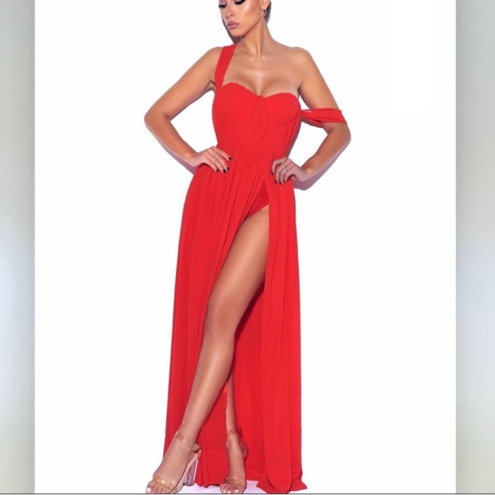 Miss Circle Paradise High Slit Red Chiffon  Dress